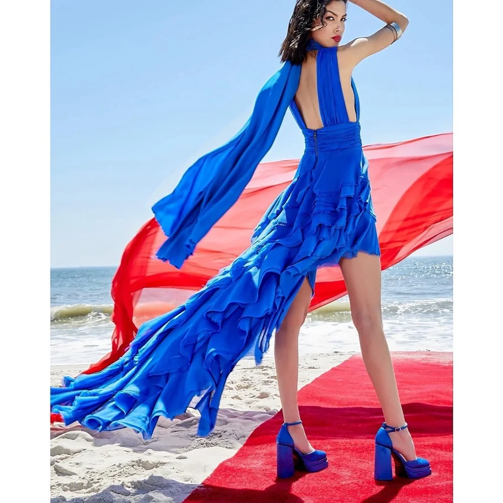 Alice + Olivia Holly Low Neck Asymmetric Ruffle Sapphire Blue Maxi Dress - Picture 5 of 12